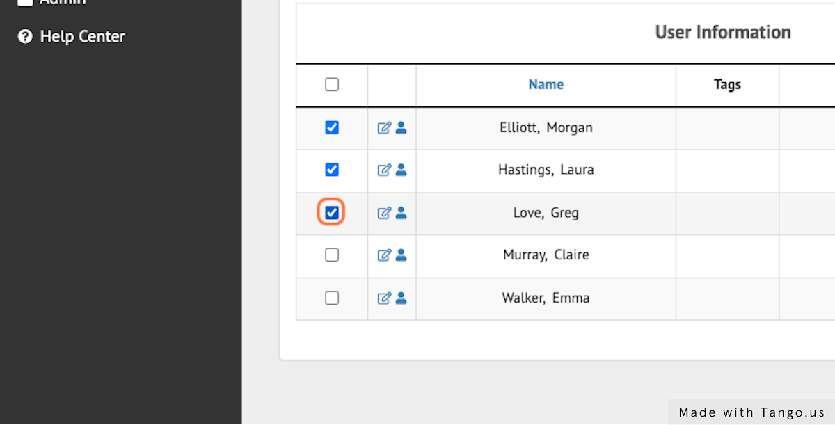 Check the box to the left of the User's name you wish to send the Dashboard Link to.